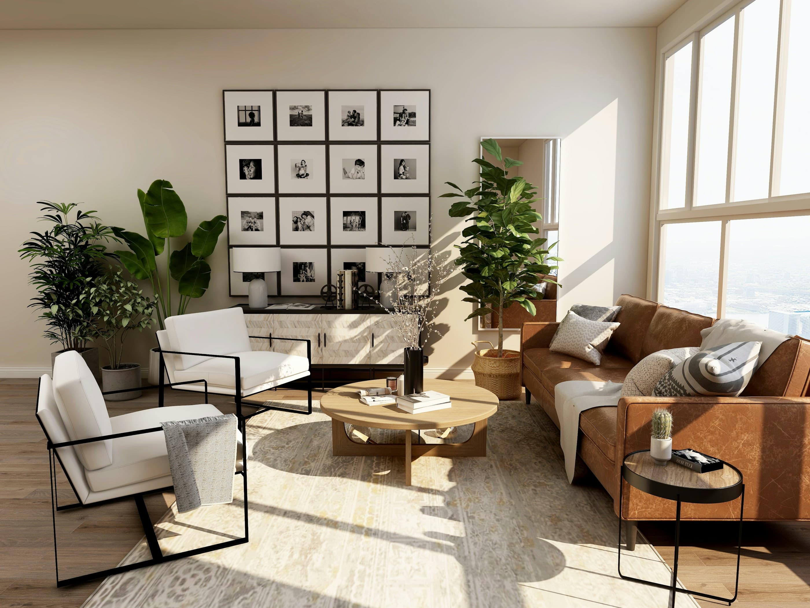 Sunlit living room prepared for short-term guests